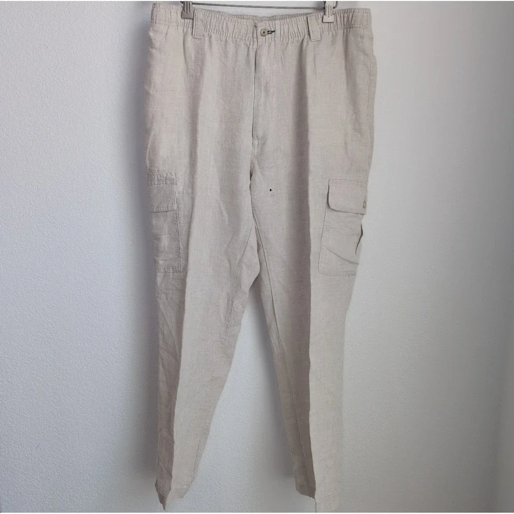 Caribbean Linen Pants Mens 38x30 Beige Cargo Elastic Drawstring Resort Beach